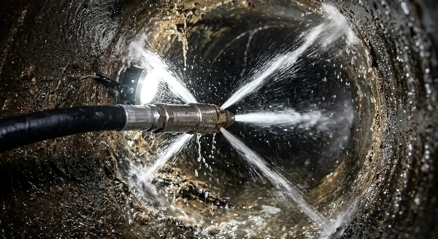 High-pressure hydro jetting nozzle cleaning sewer pipe for Trenchless Sewer Repair in Walden