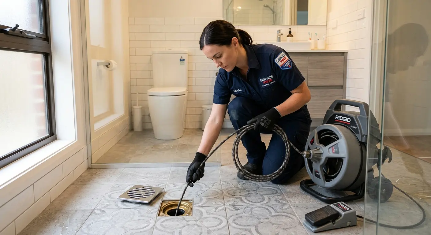 Technician clearing a bathroom floor drain for Drain Cleaning in Walden